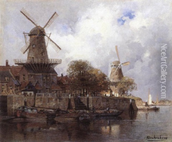 A View Of A Dutch Town With Barges Moored Beside The Harbour Wall Oil Painting - Johannes Christiaan Karel Klinkenberg