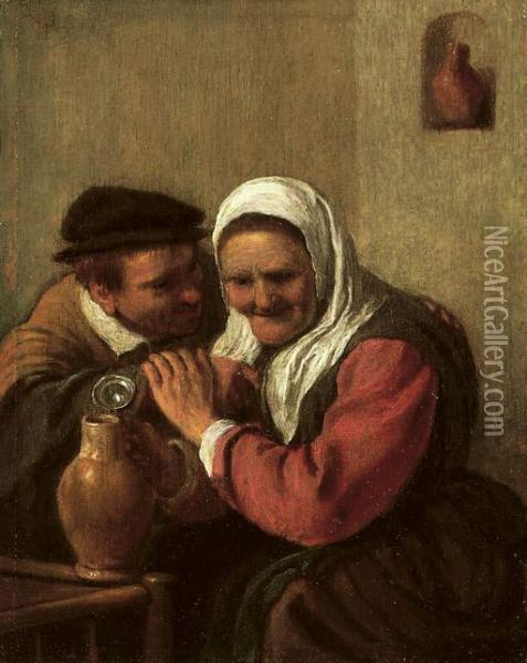 A Peasant Couple Drinking In An Interior Oil Painting - Hendrick Maertensz. Sorch (see Sorgh)