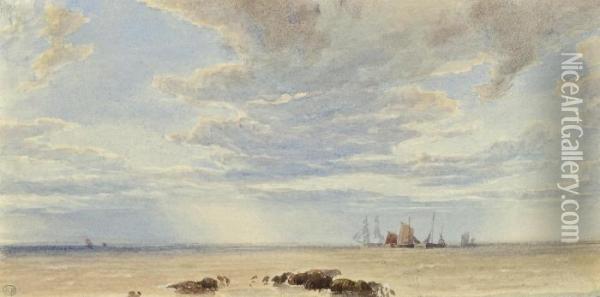 Shipping In A Calm Oil Painting - Myles Birket Foster