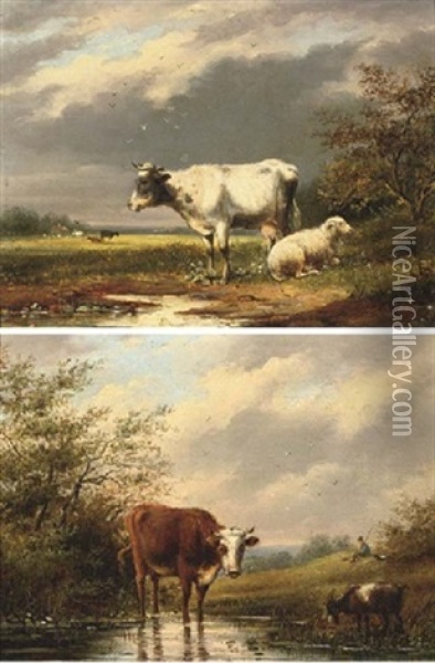 Cattle Near A Stream (+ Another; Pair) Oil Painting - George (9th Earl of Carlisle) Howard