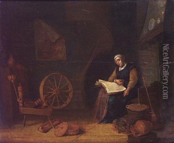 A Woman Reading In A Cottage Interior With A Spinning Wheel Oil Painting - Abraham de Pape
