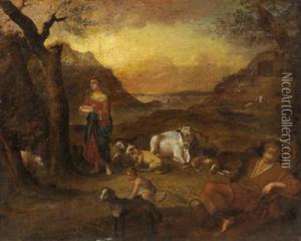 Pastori E Gregge In Un Paesaggio Mediterraneo Oil Painting - Willem Romeyn