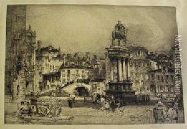 Piazza With Monument To Bartolommeo Oil Painting - E. Hedley Fitton