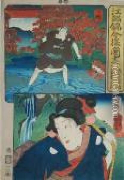 Prowincja Shimosa I Prowincja Hitachi - Sceny Z Teatru Kabuki Oil Painting - Utagawa Kuniyoshi