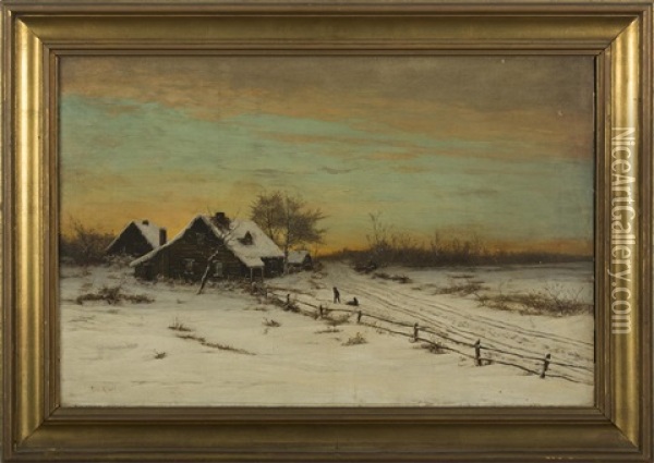 Winter Landscape With Cabin At Sunset Oil Painting - Robert Kluth