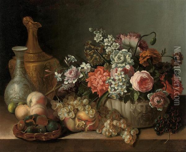 Roses, Carnations, Narcissi And Other Flowers In A Sculpted Urn, Figs In A Wicker Basket, A Gold Sculpted Pitcher, A Painted Porcelain Vase, Grapes, Peaches, Pomegranites And Other Fruit On Stone Ledge Oil Painting - Pierre-Nicolas Huillot