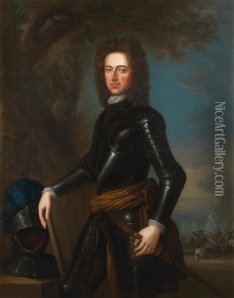 Portrait Of King William Iii, Three-quarter-length, In Armour, Standing Before A Cavalry Skirmish Oil Painting - Godfrey Kneller