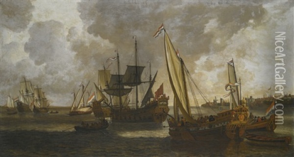 Yachts At Anchor, A View Of Rotterdam Beyond Oil Painting - Lieve Pietersz Verschuier