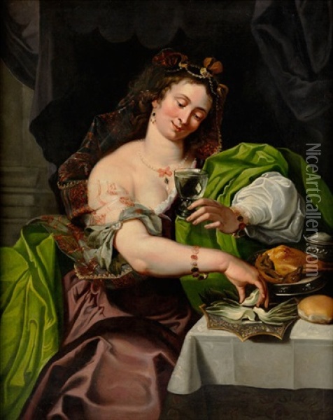 La Zingara - Junge Dame Mit Weinglas Und Artischocken Oil Painting - Abraham Janssens