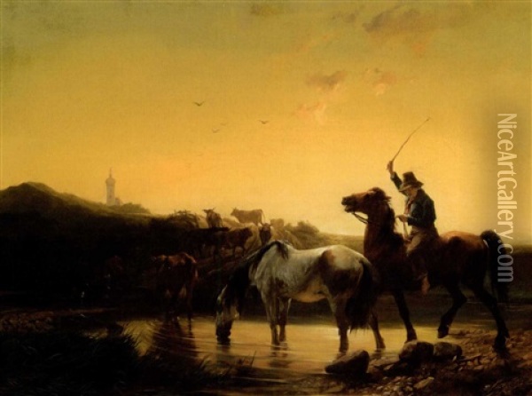 Hirt Zu Pferd Mit Seiner Herde An Einer Furt Oil Painting - Johann Rudolf Koller