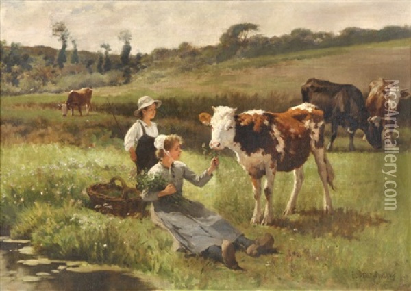 Paisaje Con Vacas Y Jovenes Campesinos Oil Painting - Edouard Bernard Debat-Ponsan