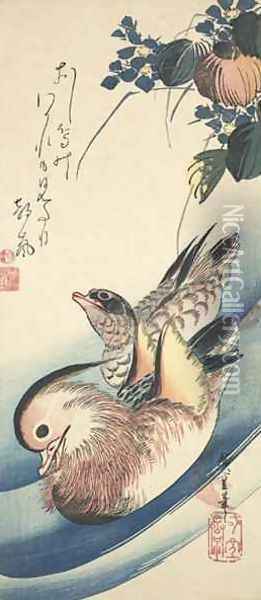 Mandarin Ducks and Waterplant Edo period Oil Painting - Utagawa or Ando Hiroshige