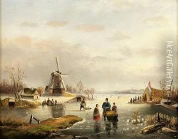 Winterliche Partie Auf Einem Zugefrorenen See. Oil Painting - Pieter Lodewijk Francisco Kluyver