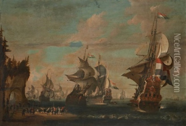 La Flotte Hollandaise En Rade Dans Un Paysage Du Nord Oil Painting - Jacob De Gruyter