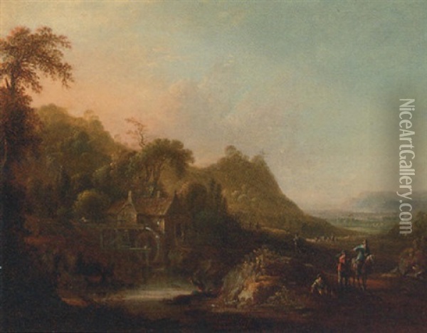 An Extensive Landscape With A Horseman And A Traveller By A Millpond Oil Painting - Johann Friedrich Thiele