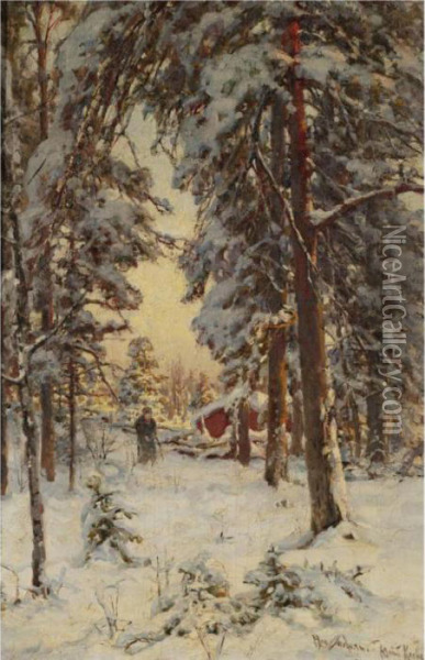 Wood Gatherer In A Wintry Forest Oil Painting - Iulii Iul'evich (Julius) Klever