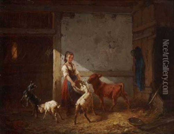 Bauernmadchen Beim Futtern Im Stall Oil Painting - August von Rentzell