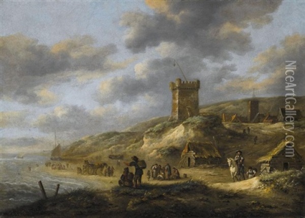 The Beach At Scheveningen With Fishermen Selling Their Catch Oil Painting - Nicolaes Molenaer