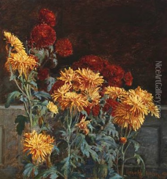 Still Life With Chrysanthemums Oil Painting - Harald Martin Hansen Holm