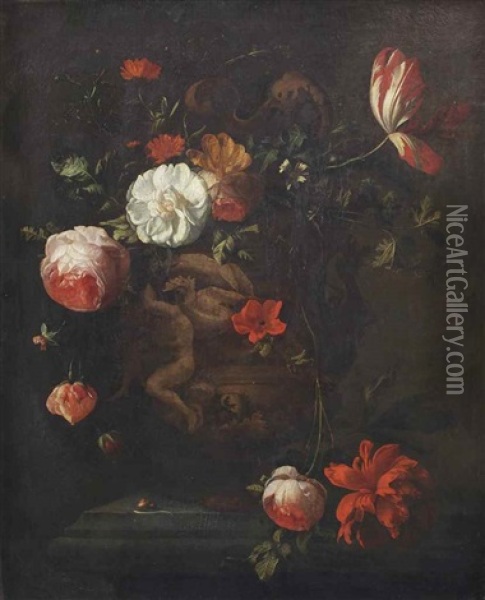 Roses, Tulips, A Chrysanthemum And Various Other Flowers In A Vase With Classical Figures In Relief, And A Snail, All On A Stone Ledge Oil Painting - Elias van den Broeck