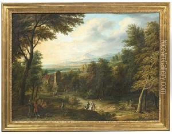 An Extensive River Landscape With Travellers And A Stage-coach On A Forest-track To A Farm Oil Painting - Jakob Christoph Weyermann