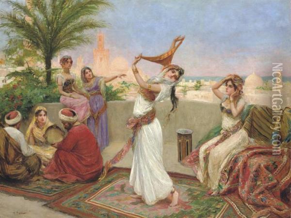 Oriental Dancers On A Roof Terrace Oil Painting - Fabbio Fabbi