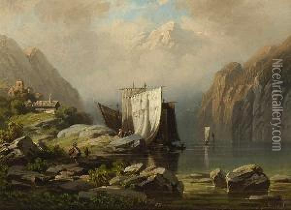 Wanderer Am Ufer Eines
 Gebirgssees. Oil Painting - August Seidel