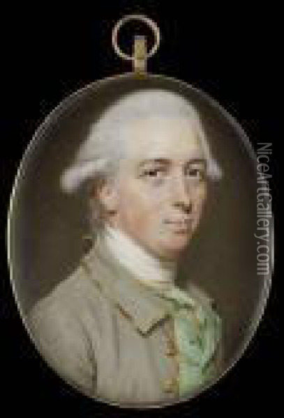 A Gentleman, Wearing Gold Edged 
Grey Coat, Gold Edged Leaf Green Waistcoat, White Stock And Lace Cravat,
 His Hair Powdered And Worn Oil Painting - John I Smart