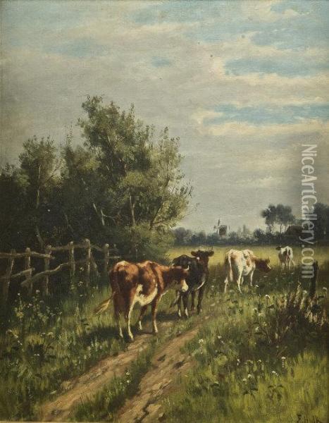 Cattle In A Summer Landscape Oil Painting - F. Hulk