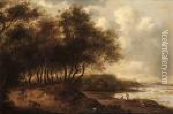 Wooded River Landscape With A Shepherd, Sheep And A Goat On A Track Oil Painting - Pieter de Neyn