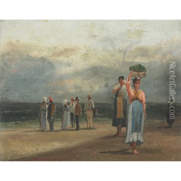 Townsfolk On A Beach, Cuba Oil Painting - Henry Cleenewerck