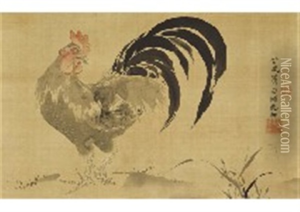 Cock Oil Painting - Shohaku Soga