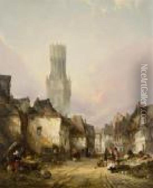 Market Street Scene, Bruges Oil Painting - Alfred Montague