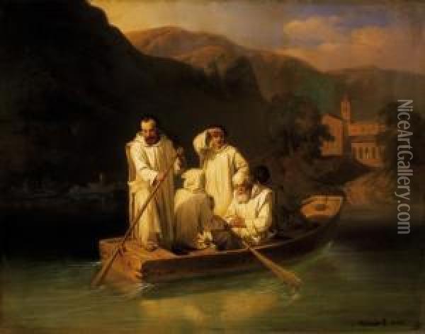 Monks On The Lake Oil Painting - Jozsef Molnar