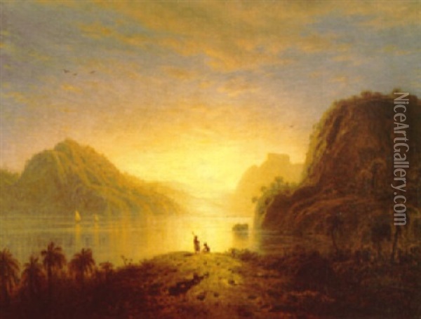 A Tropical Landscape With The Sun Setting Over A Lake And Figures On A Hilltop Oil Painting - Eduard Hildebrandt