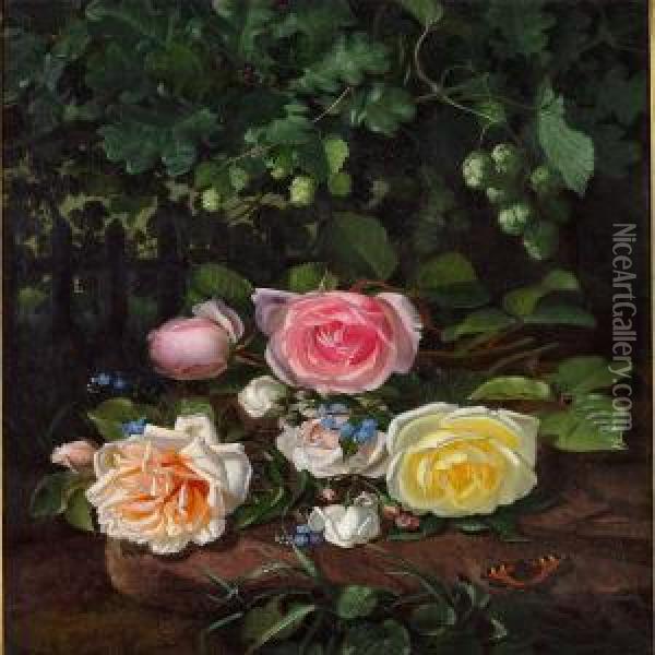 Roses And Hop Branches Oil Painting - Otto Didrik Ottesen