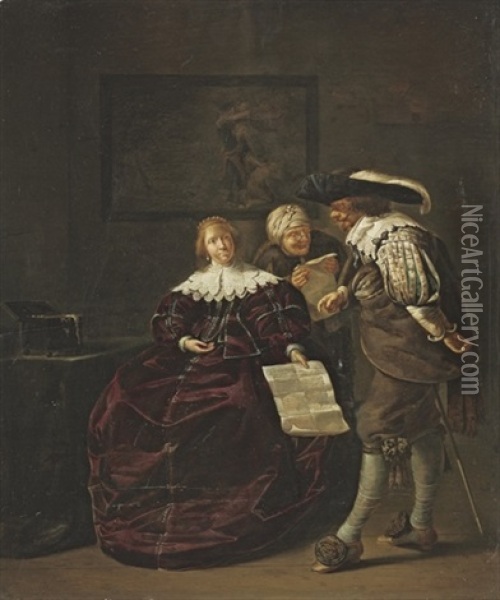 The Contract: A Lady Presenting A Letter To A Gentleman Oil Painting - Jacob Duck