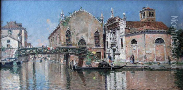 Veduta Di Un Canale Di Venezia Oil Painting - Antonio Maria de Reyna