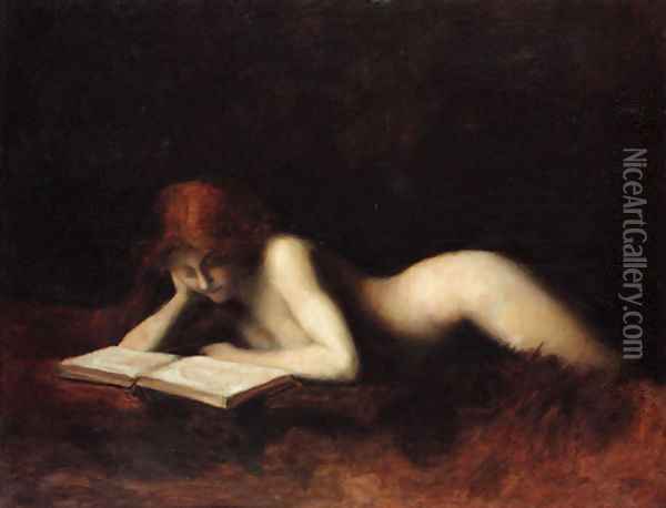 Reclining Nude Woman Reading a Book Oil Painting - Jean-Jacques Henner