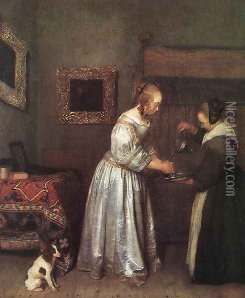 Woman Washing Hands c. 1655 Oil Painting - Gerard Ter Borch