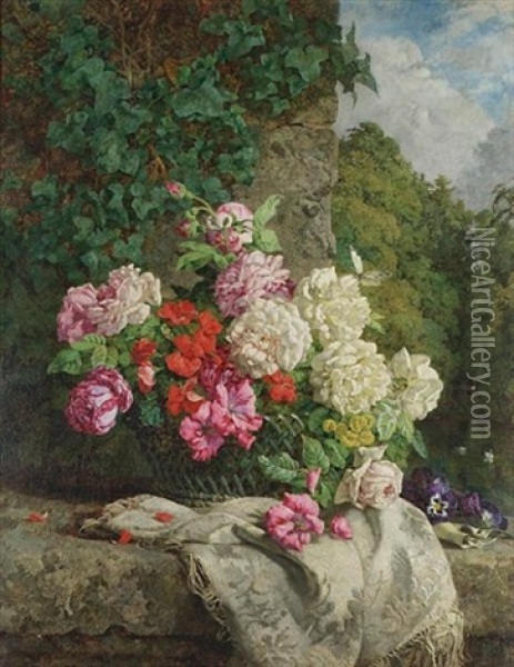 Still Life With Flowers On A Rocky Ledge Oil Painting - Anne Ferray Mutrie
