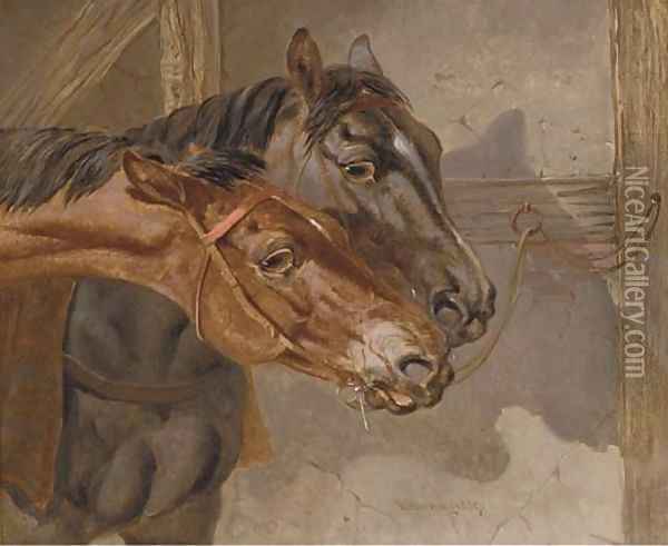 Horses tethered in a stable Oil Painting - Benjamin Herring, Jnr.