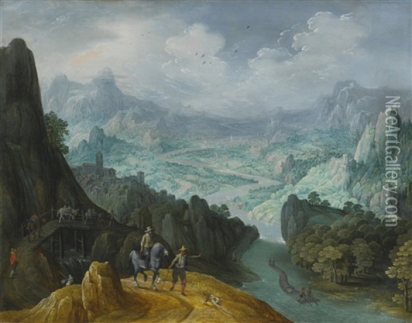 Mountainous River Landscape With Travelers Oil Painting - Tobias Verhaecht