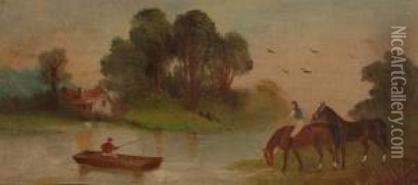 Jockey And Horses On A Riverbank Oil Painting - Philip H. Rideout