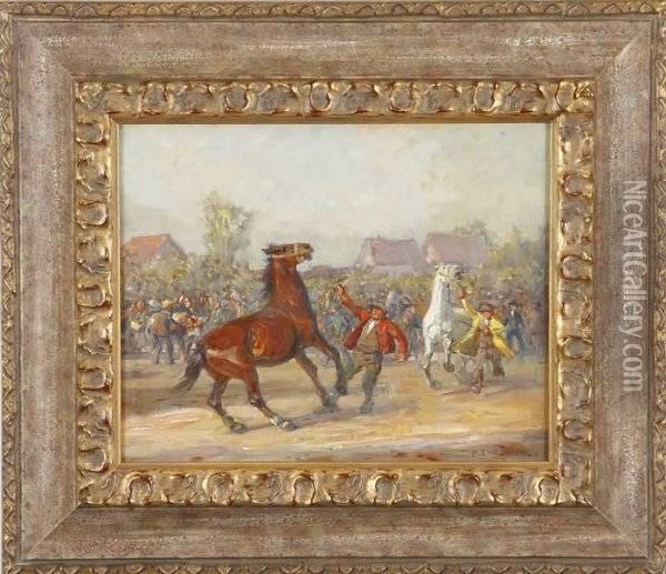 Horses With Trainers And Crowd Oil Painting - Paul Ehrenberg