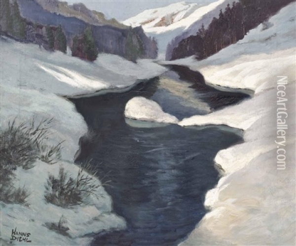 Gebirgstal Im Winter Oil Painting - Hanns Diehl-Wallendorf