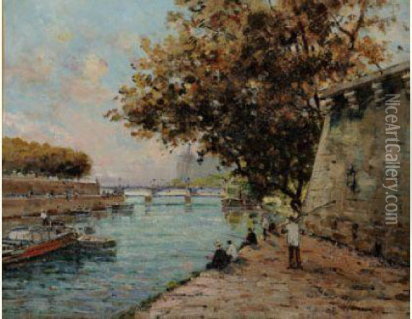 Pecheurs Sur Les Quais, Paris Oil Painting - Gustave Mascart