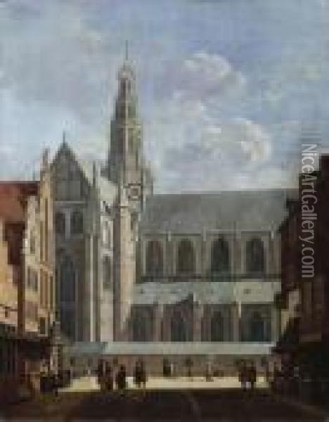 A View Of The North Transept Of The St. Bavo Church From Thesmedestraat In Haarlem Oil Painting - Gerrit Adriaensz Berckheyde