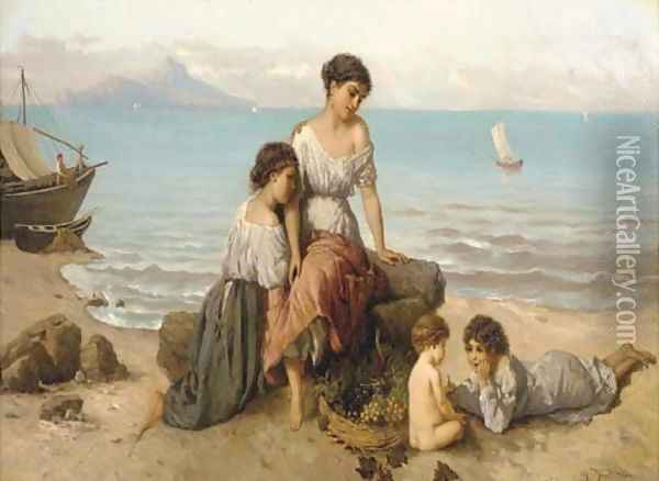 Children on the Italian coast with a basket of grapes, Capri beyond Oil Painting - Wilhelm Kray