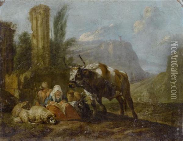 Herdsman And Woman With Cattle In A Landscape Oil Painting - Nicolaes Berchem